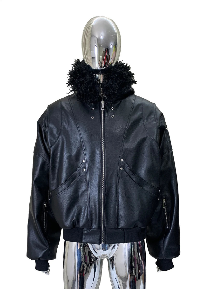 Autumn Winter Cool Short Oversized Thickened Warm Pu Leather Jacket Men with Faux Fur Trim Hood Rivet y ner Clothes 261014