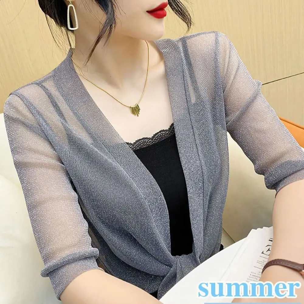 Glitter Tie Up Open Front Shrug Ladies Shawl Cropped Beach Summer Sun Protection Clothing Air-Conditioning Shirt261016