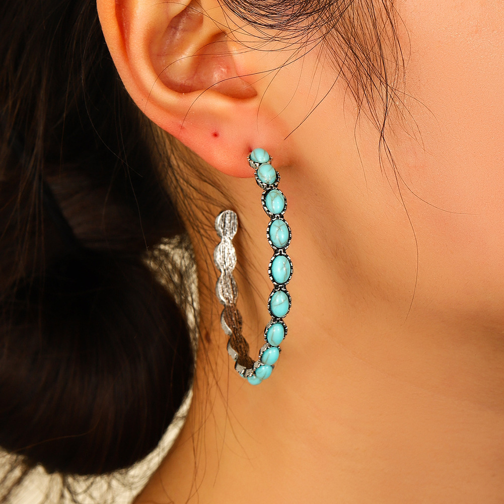 2026 Amazon Cross-Border New Geometric Large With Turquoise Stones, Vintage cologne perfume And Exaggerated C-Shaped Hoo S1