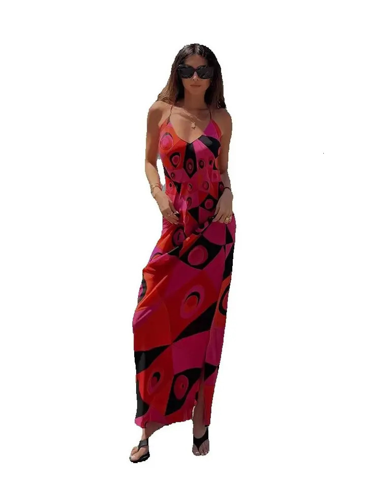 Summer Fashion Resort Casual Vintage Geometric Print Long Dress Women's Spaghetti Strap High Waist Side Split A-Line Dresses 261014