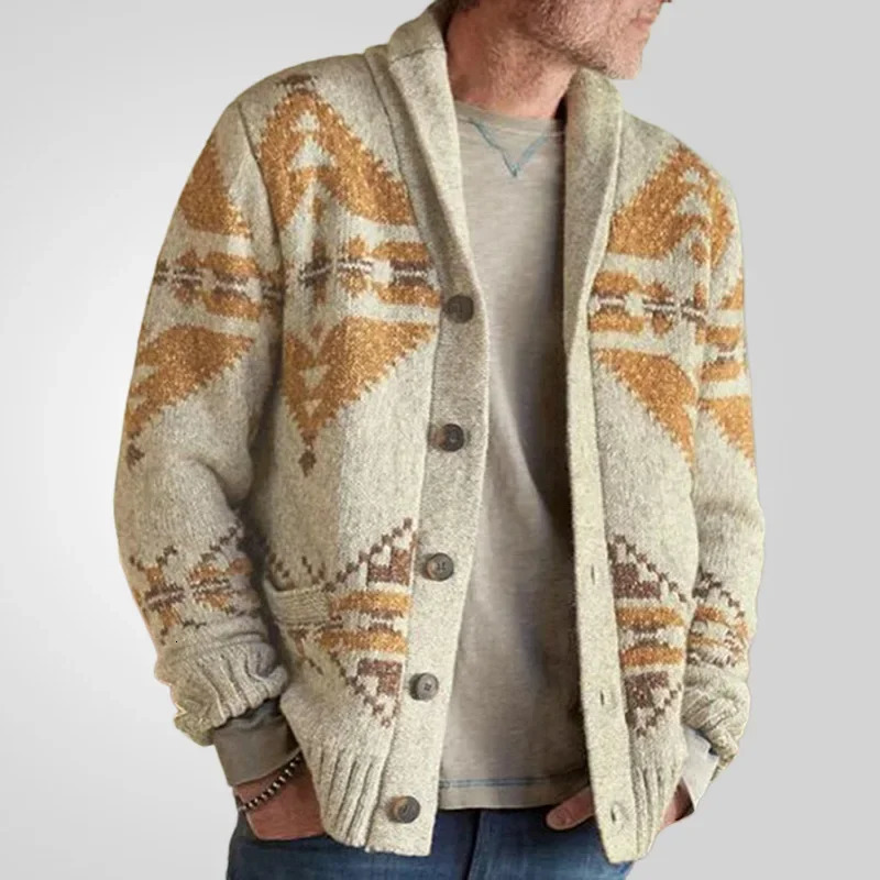 Coat Men Cardigan Sweaters Turn Down Collar Single Breasted Splice Thick Print Coats Open Stitch Autumn Winter Outerwear 261012