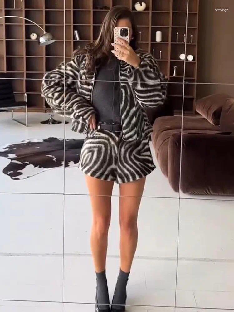 Zebra Stripe Furry Two Piece Set Women Stand Collar Zip Up Loose Jacket & Mini Skirt 2026 Autumn Fashion Casual Street Outfit