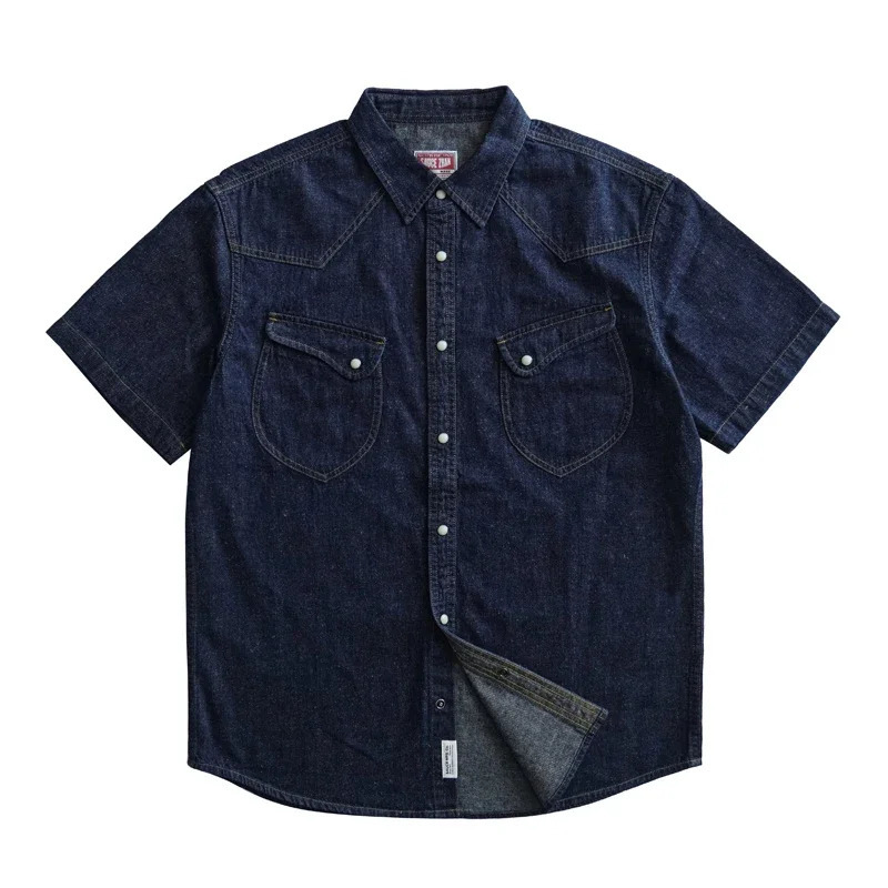 Mens Shirts Summer Short Sleeve Vintage Linen Indigo Denim Shirt Double Pockets Regular Fit 261012