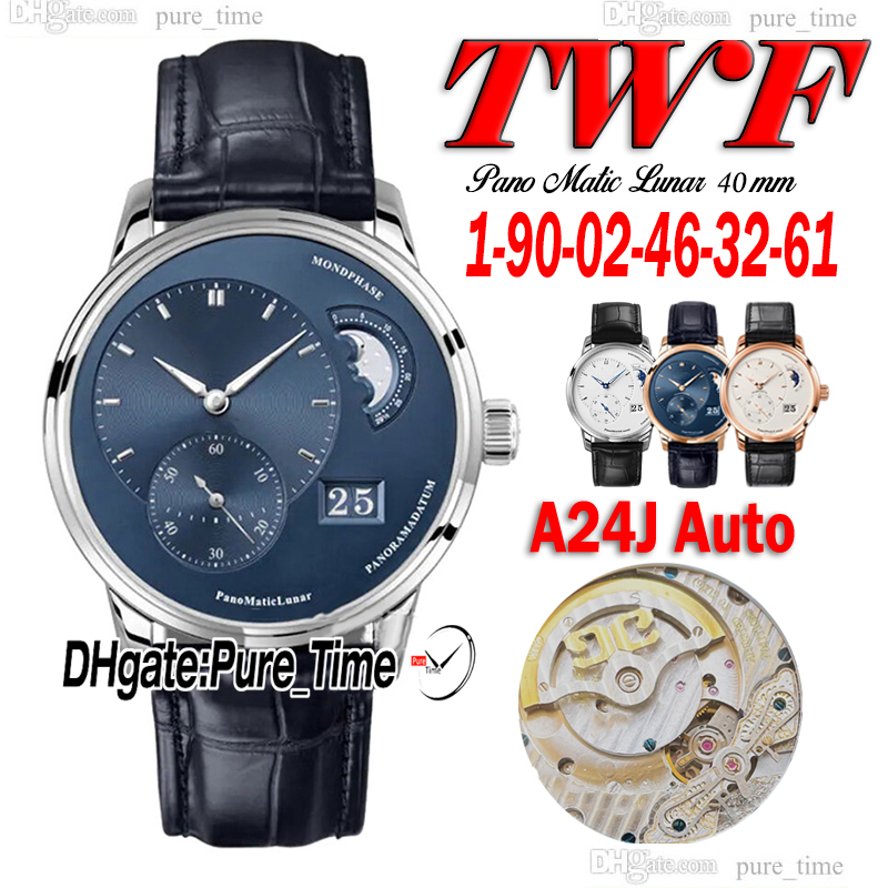 TWF New Pano Matic Lunar 40mm 1-90-02-46-32-61 A24J Automatic Mens Watch Moon Phase Blue Dila Big Date Steel Case Blue Leather Strap Gents Watches H