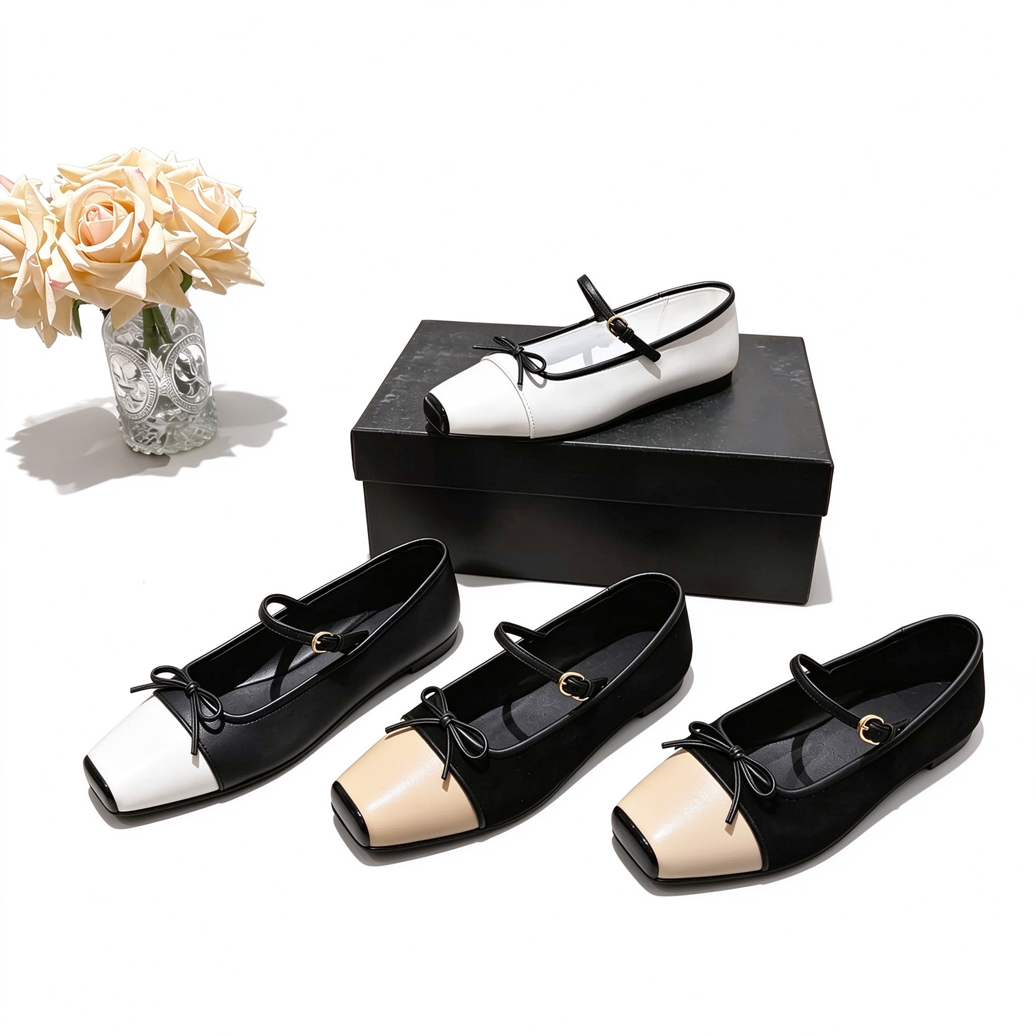 C Designer Shoes New High Quality Color Contrasting Square Head Ballet Shoes Women's Bow One Button Flat Single Shoes 35-40 Women's Casual
