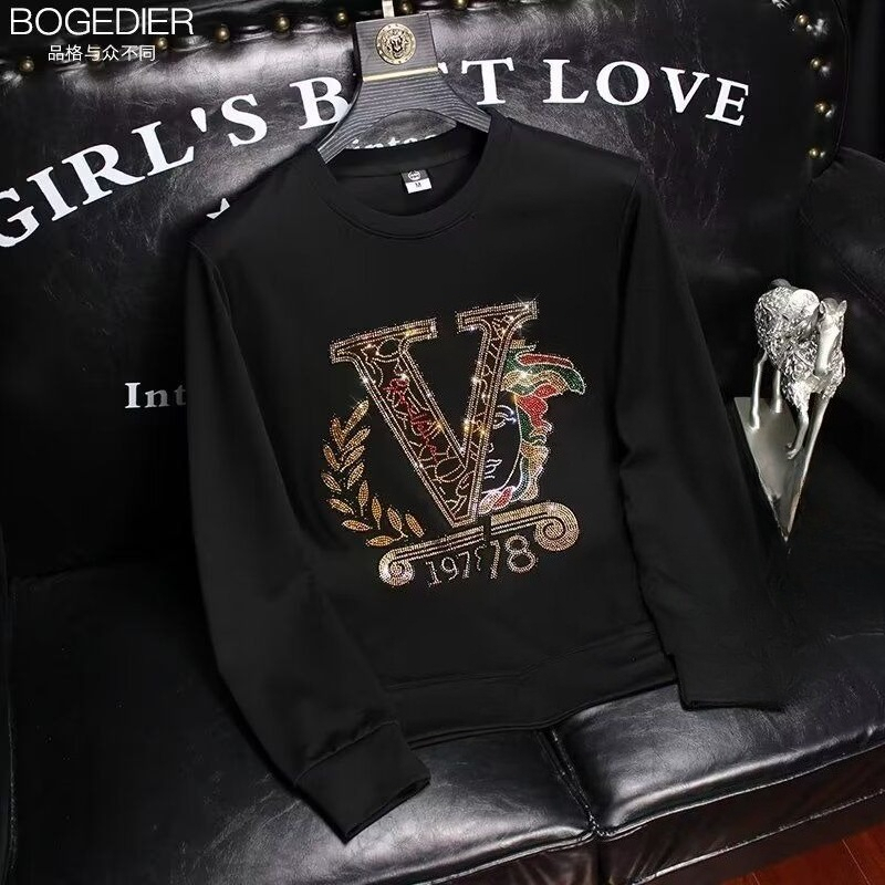 New hot diamond cotton sweater men's long-sleeved T-shirt autumn and winter little brother crew neck, trendy casual bottoming