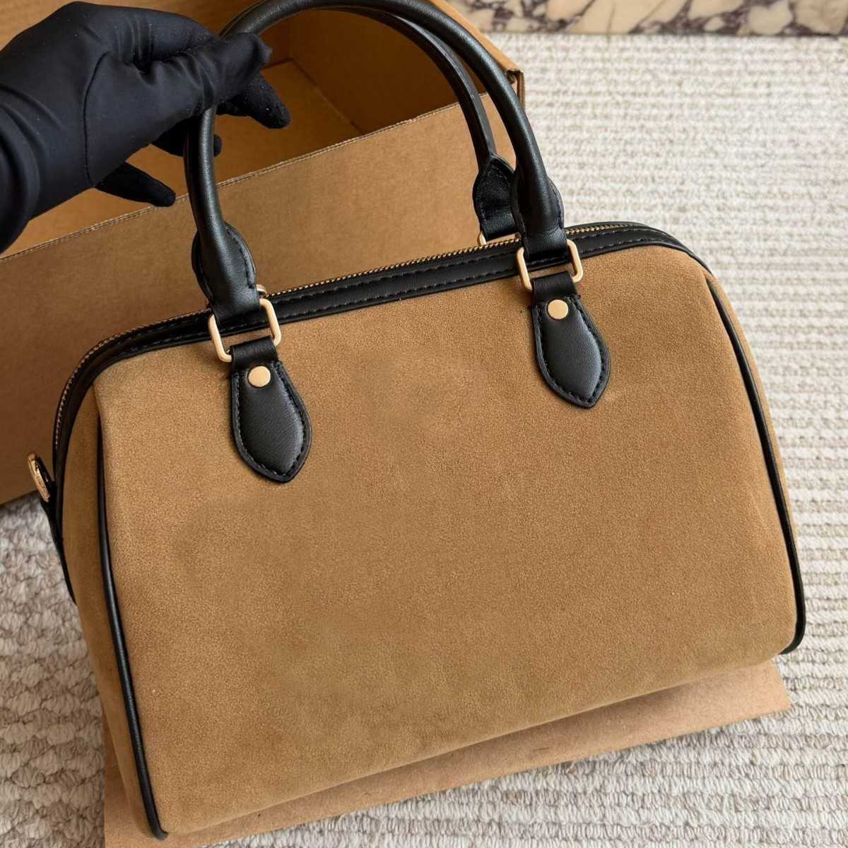 Fashion Brown Suede Boston Bag Women Designer Quiet Luxury Black Leather Trim Top Handle Duffle Purse