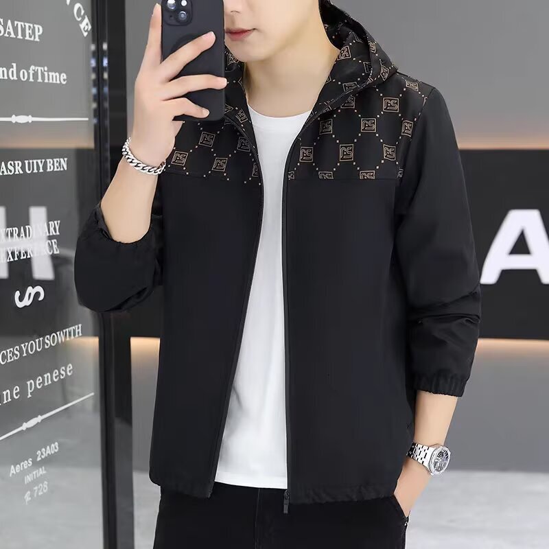 2026 Spring And Autumn New Mens Hooded Jacket Simple Patchwork European Style Trendy Printed Slim Fit Coat Soft Breathable Casual Daily Street Outer