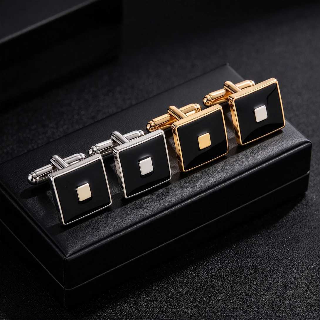 Square Cuff Polished Links Luxury Cufflinks Alloy Black Enamel Gold Rim French Shirt Cuff Links For Men Formal Tuxedo Business Wedding SuitW261017