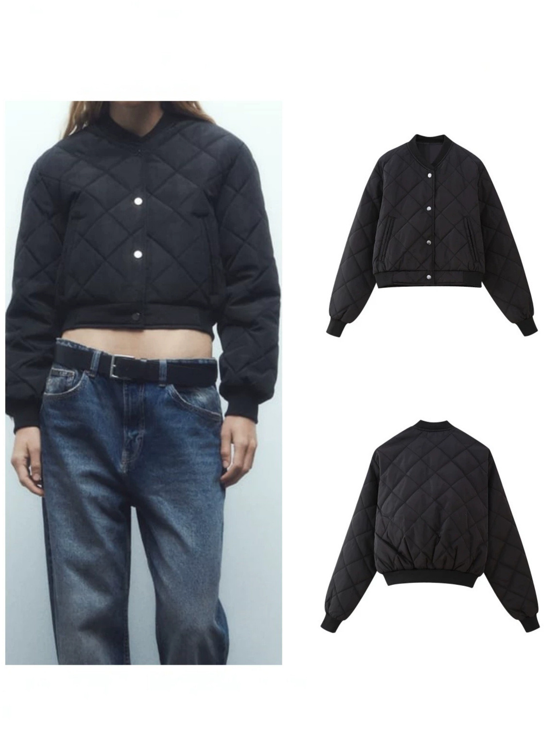 Trendy autumn winter European and American casual fashion quilted diamond-patterned short solid-color cotton bomber jacket