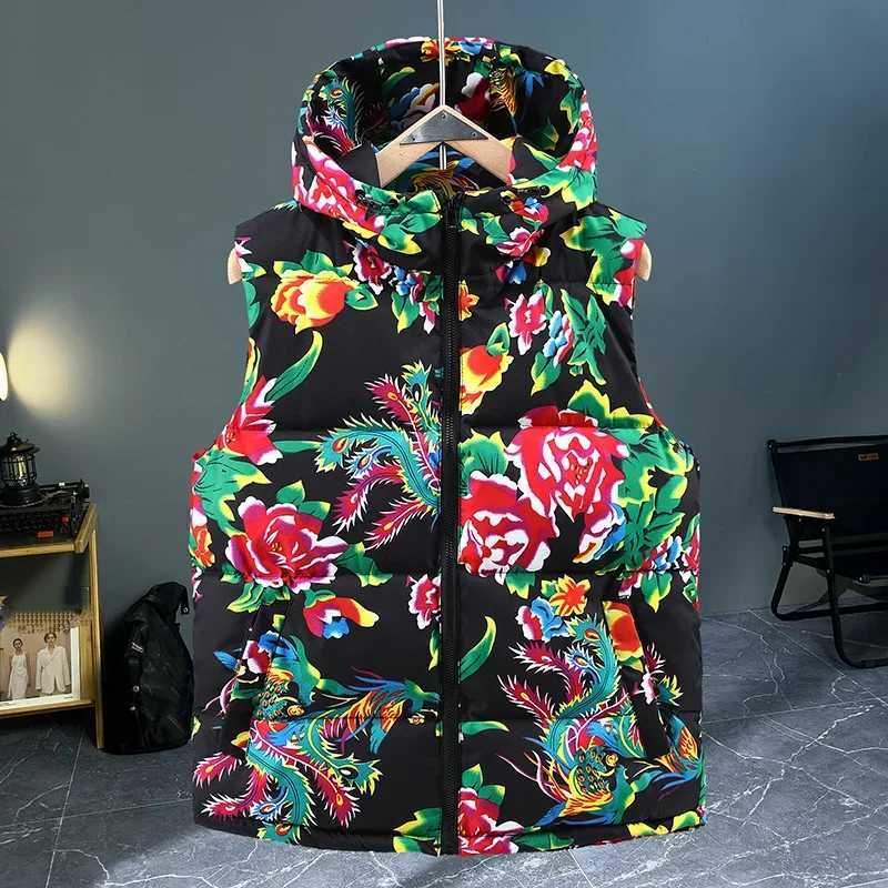 Big Men's Vests Men Northeast Flower Cotton Padded Jackets Autumn Winter Men Hooded Vest Chinese Style Floral Sleeveless Jacket WaistcoatsW2610