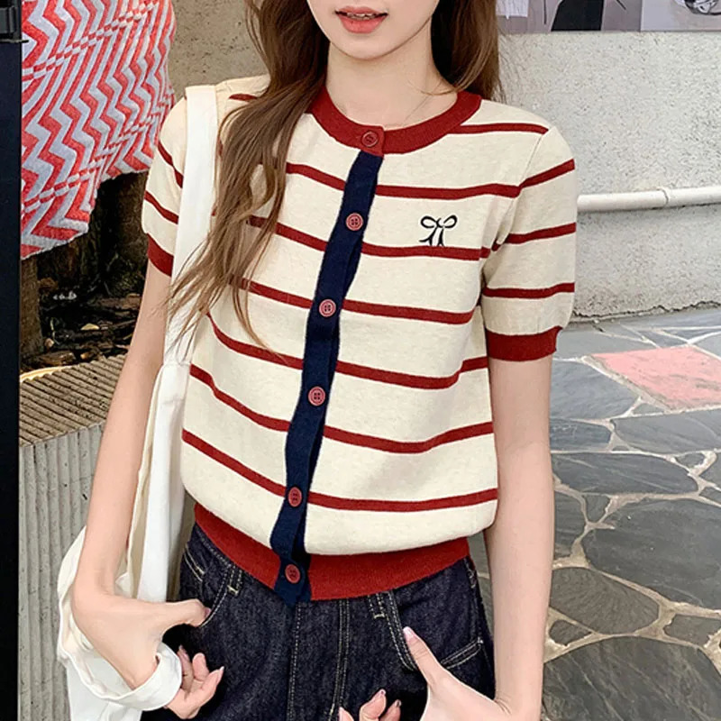 Fashion Summer Short Sleeve Knitted Sweater Women Cardigans ONeck Striped Knit Cardigan Tops Clothing Q3906 261016
