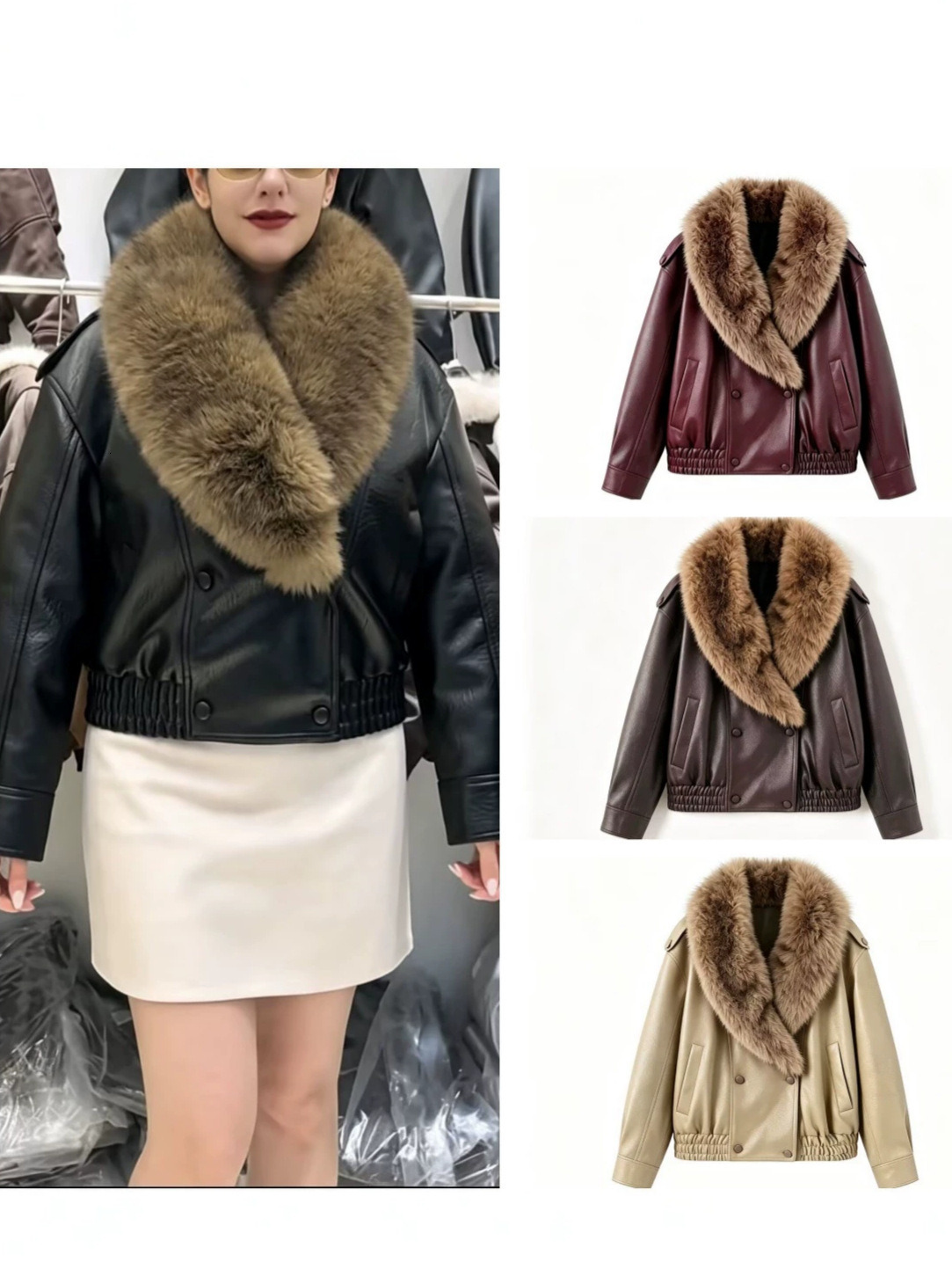 New autumn/winter European and American style, uniquely fashionable, with a distinctive Maillard aesthetic, detachable faux fur collar, PU leather j