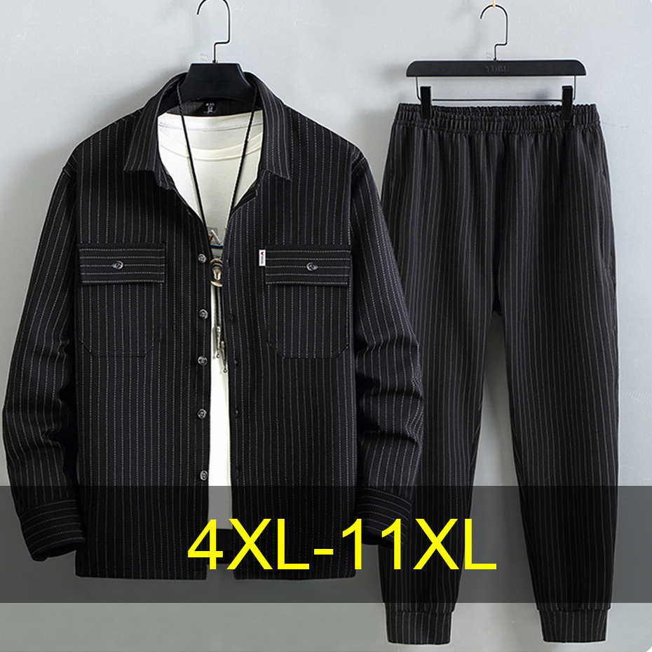 Sets Men 10XL Plus Stripe Cargo Shirts Jacket Pants Male Fashion Casual Spring Autumn Big Size 11XL Men's Suits
