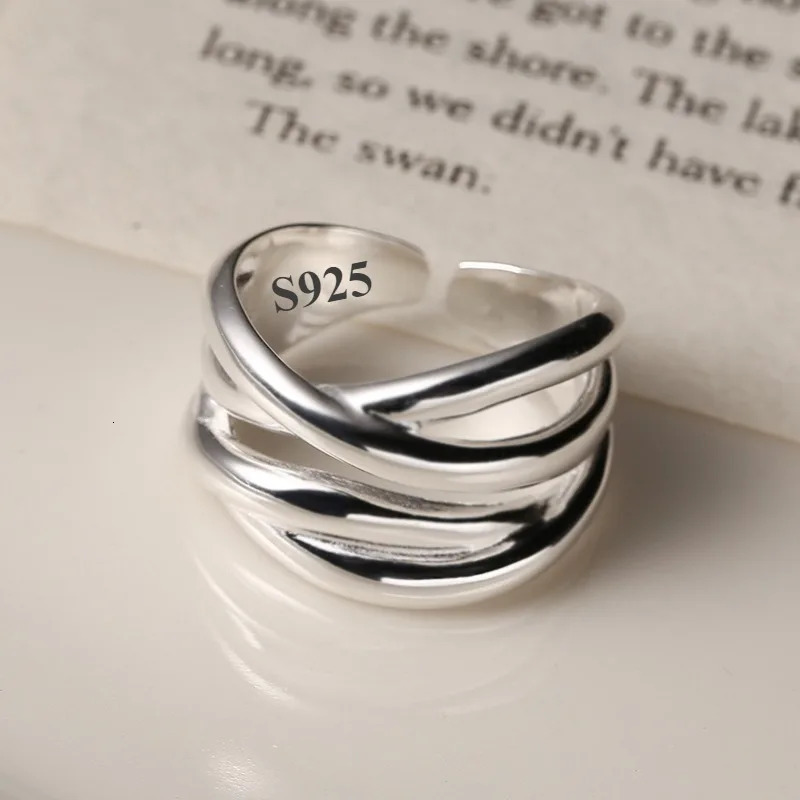 Vintage 925 Sterling Silver Open Rings for Women Fashion Geometric Handmade Irregular Line Cross Ring Party Wedding Jewelry Gift 261019