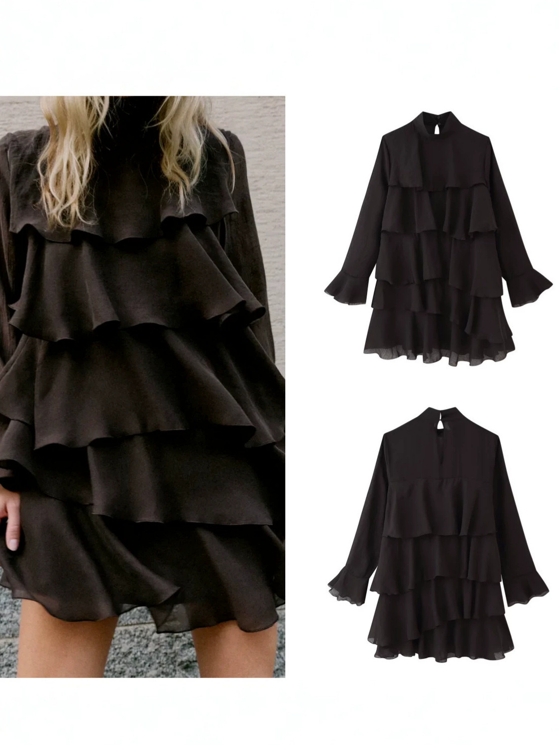New foreign trade style: European American vacation-inspired long-sleeved, sweet, fashionable, casual layered dress with a high neckline and solid c