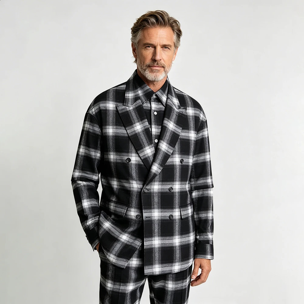 Fashion ner Plaid Men's Suits Elegant Double Breasted Lapel Slim Fit 2 Piece Jacket Pants Sets Casual Male Clothing 261012