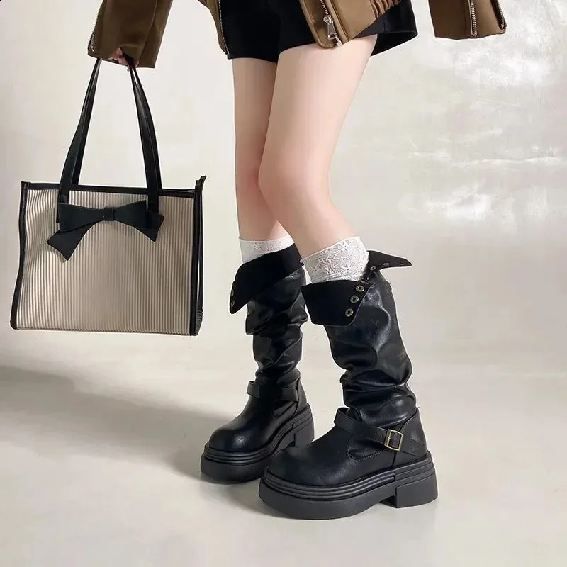 2026 Women's High Knee Boots Chunky Platform Stacked Rider Boots Spring/Autumn Two-Way Edgy Fold-Over Cuff Fashion n 261013