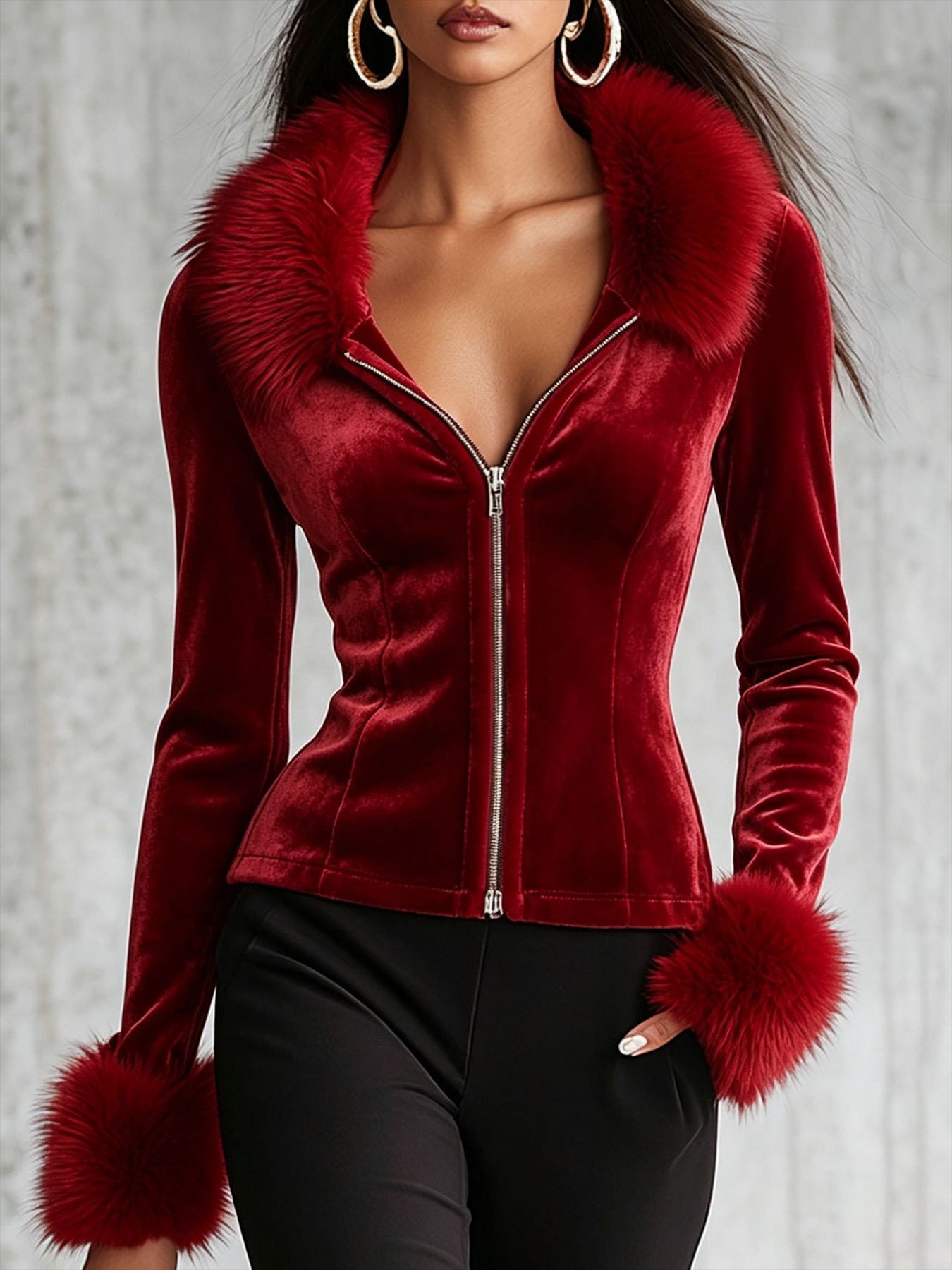Women New European American Style Burgundy Velvet Short Coat Fur Collar Cuffed Sleeve Waist Cinching Vintage Hot Girl Trendy Soft Daily Street Outer