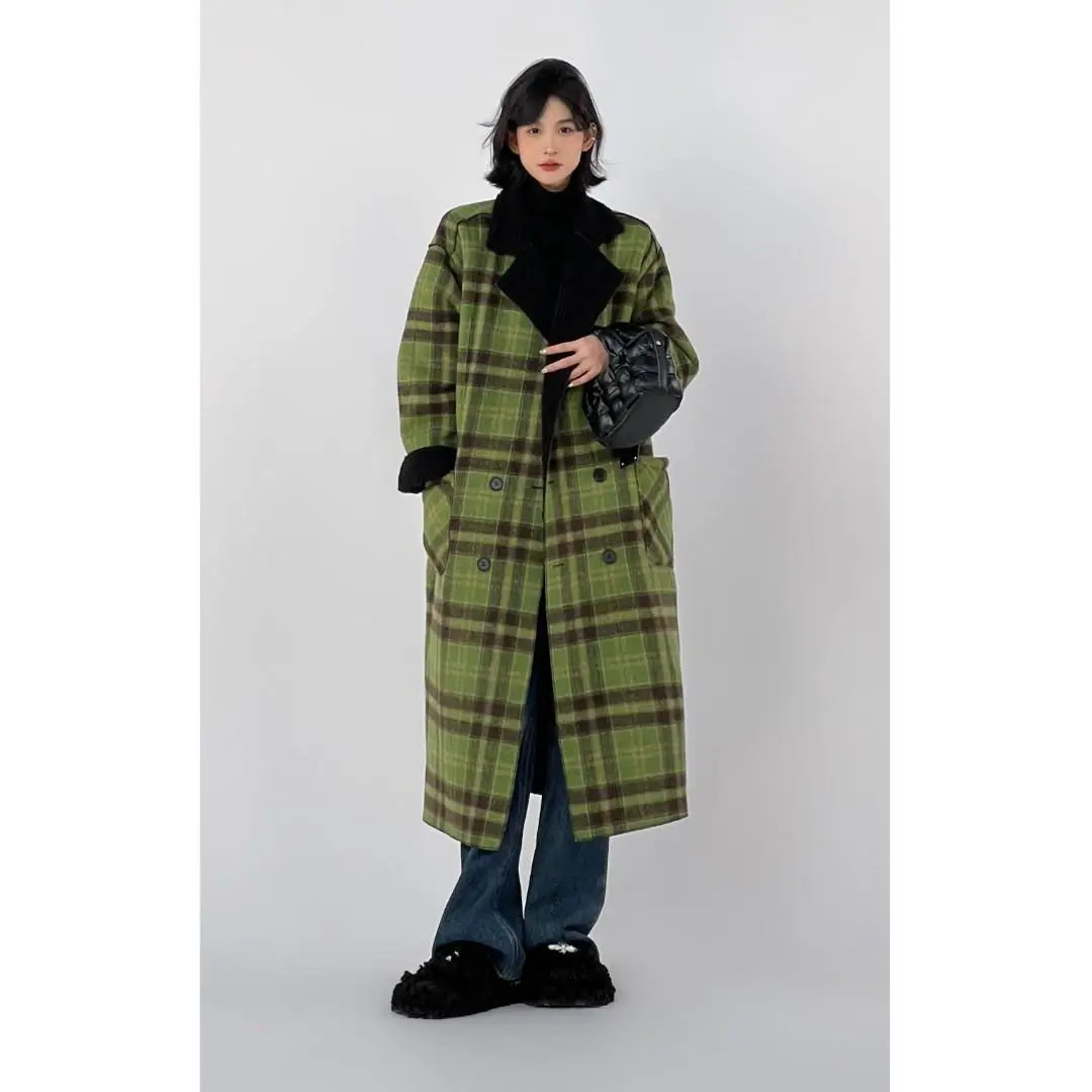 Women's Winter Coat Reversible Plaid Wool Blend Long Oversized Trench Knee Length Green Checkered 261010