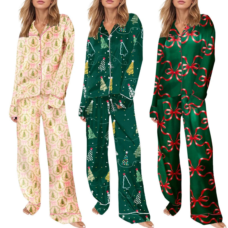 Women Cute Christmas Pajamas Sets Bow Santa Print Long Sleeve Shirt Pants 2 Piece Pj Set Pajama Festival Rave Party Loungewear 261014
