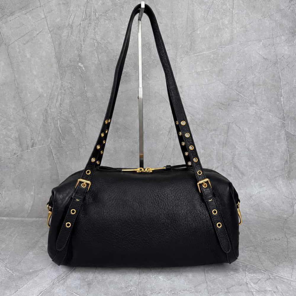 Slouchy Motorcycle Duffle Bag Textured Goatskin Leather Long Studded Straps Roomy Vintage Chic for Daily Outings
