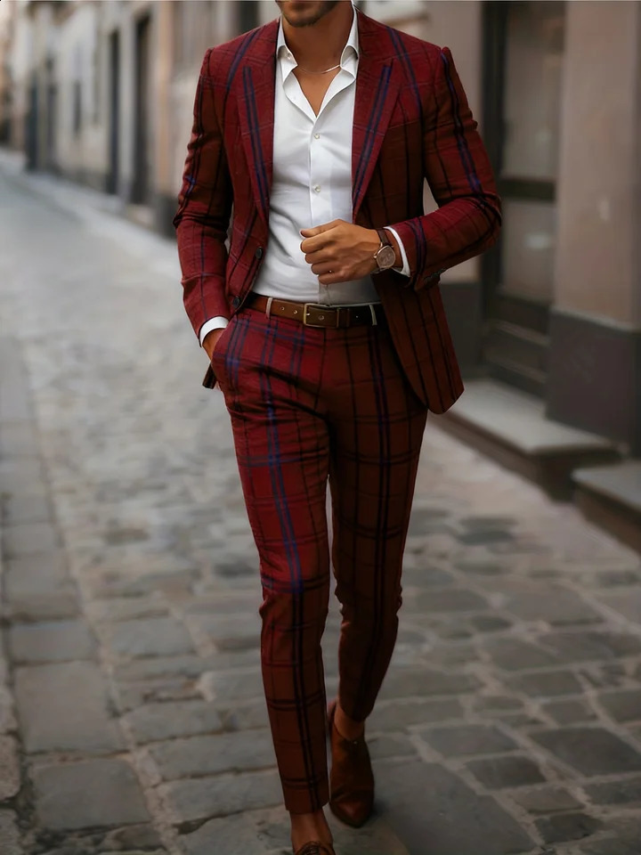 European American Style Mens Business Suit Set TwoPiece Trousers Retro Red Blue ColorBlock Plaid Print 261017