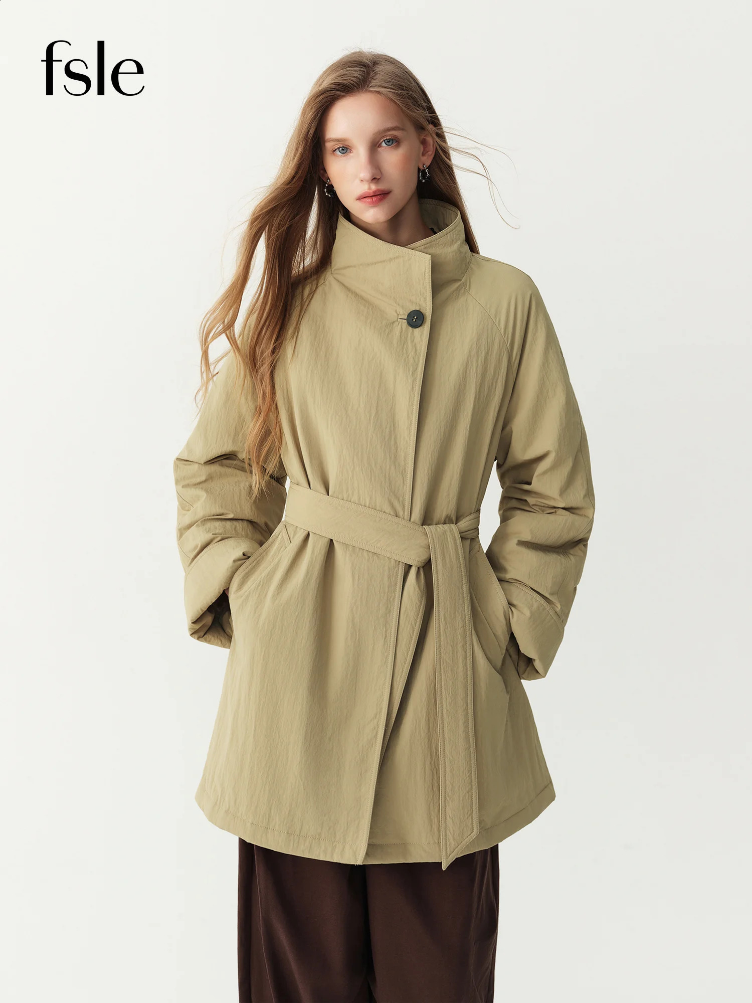 FSLE 2026 Winter Women's Commute Stand Collar Direct Down Fill Trench Style Puffer Coat Warm Thick Quilted Outerwear 261013