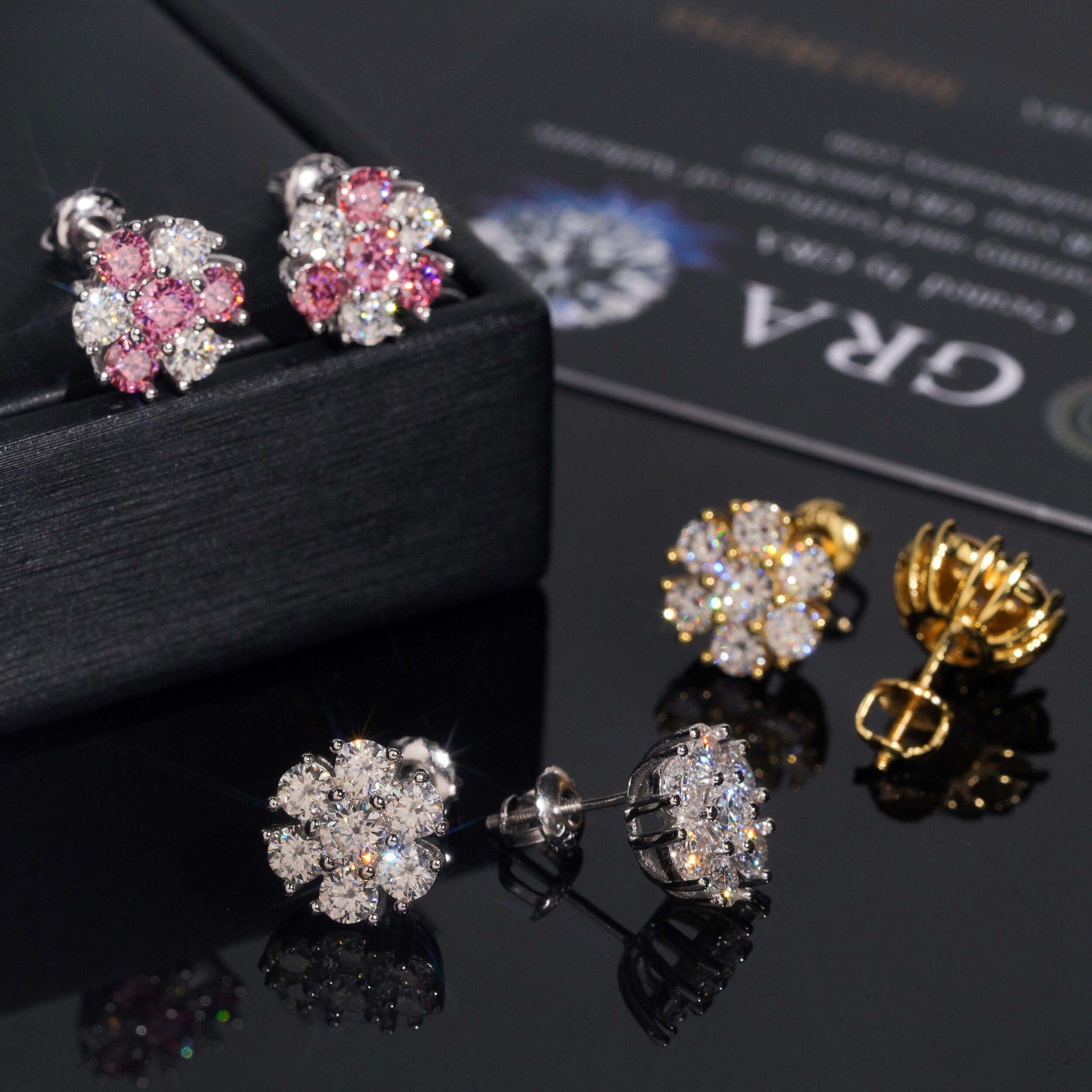 hip-hop style, new 11mm pink floral design, fully studded diamonds, unique with a high-end feel, S925 silver, moissanite earrings