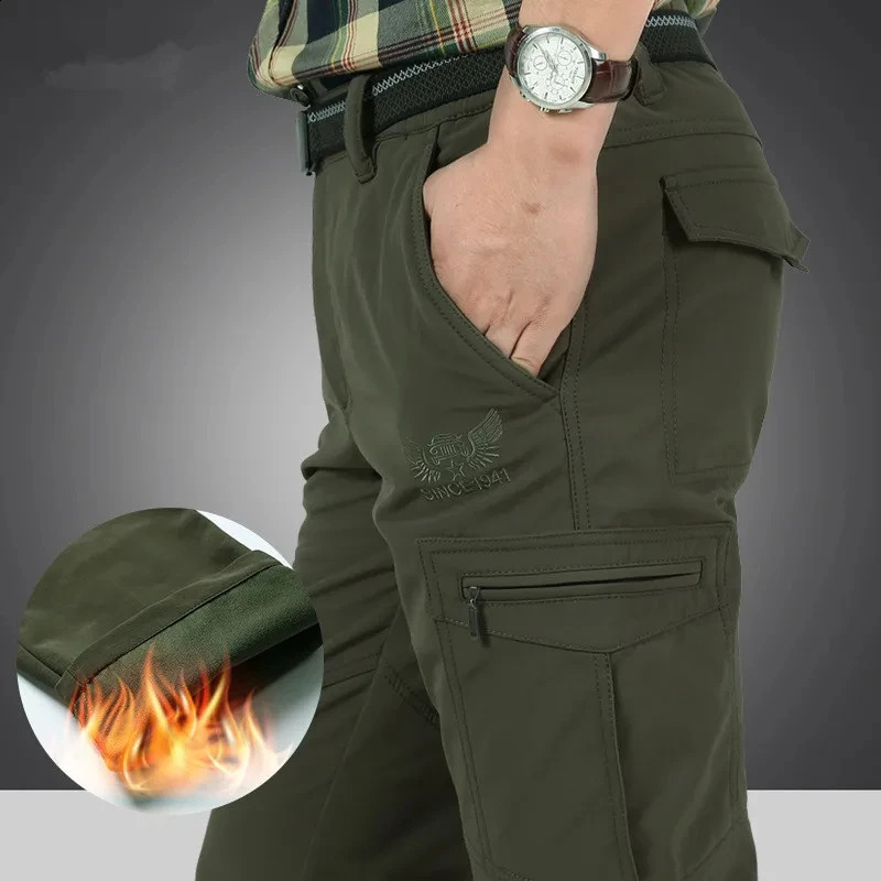 Mens Winter Fleece Tactical Pants Warm Cargo Pant Hunting SoftShell Work Trousers Shark Skin Thick Waterproof M4XL 261017
