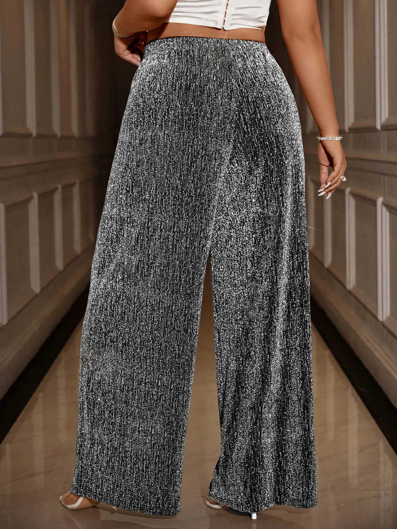 Size Capris Plus Women's Pants Women Glitter Wide Leg Pants Elastic High Waist Shiny Pleated Palazzo Trousers Party Nightclub Loose Long PantsW
