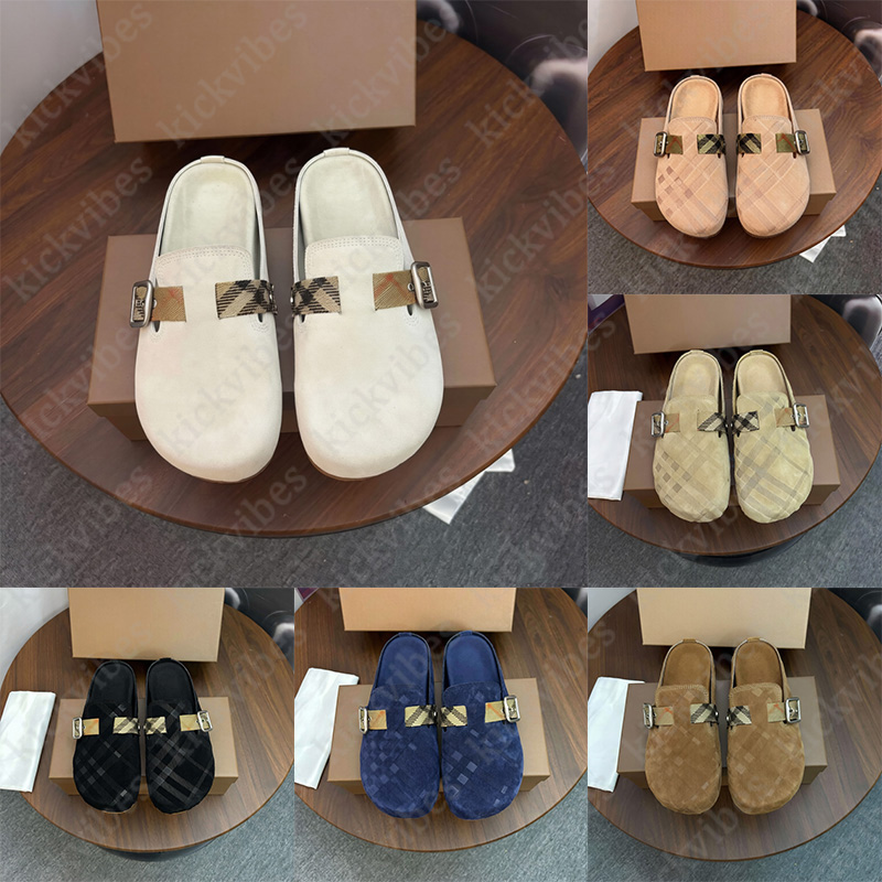 with box designer slippers classic tartan vintage sandals sliders slides print embossed mens womens white navy luxury beach flip flops slippers comf