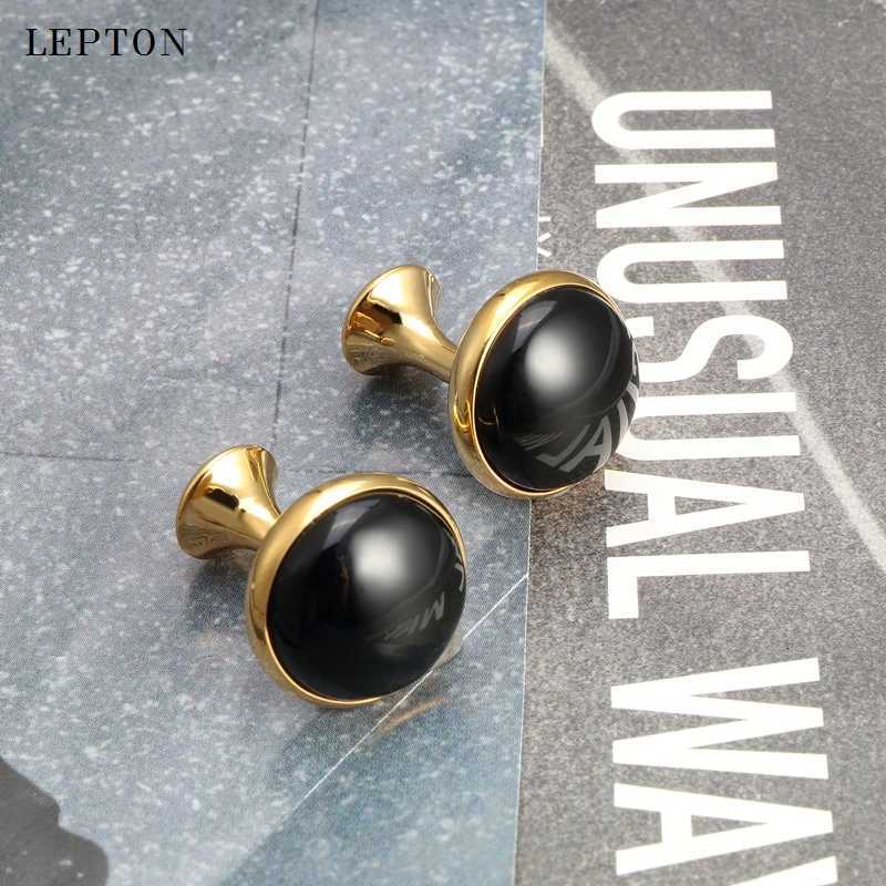 Luxury Low-key Cuff Black Links Onyx Cufflinks for Mens Business Lepton High Quality Gold Color Round Onyx Stone Cuff links Relojes gemelosW261017