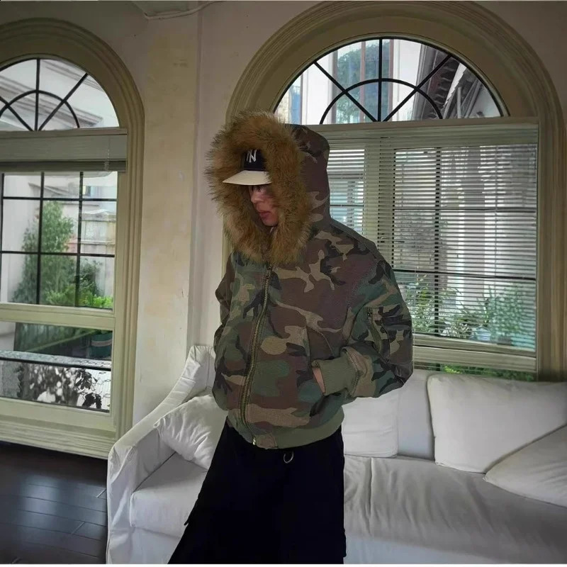Men Camo Bomber Jacket With Faux Fur Hood Winter Thick Warm Sherpa Lined Coat Vintage Camouflage Hooded Outerwear Streetwear 261013
