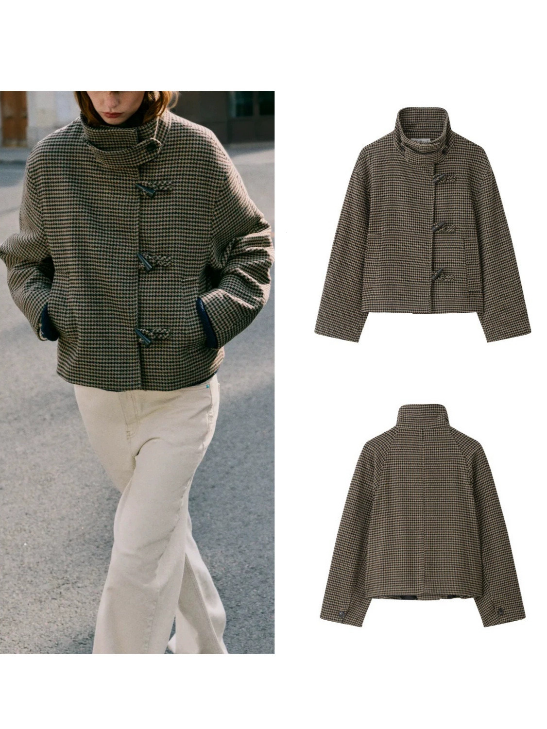 New autumn/winter collection: fashionable classic double-breasted jacket with knot closure, featuring herringbone pattern, a stand-up collar, and lo