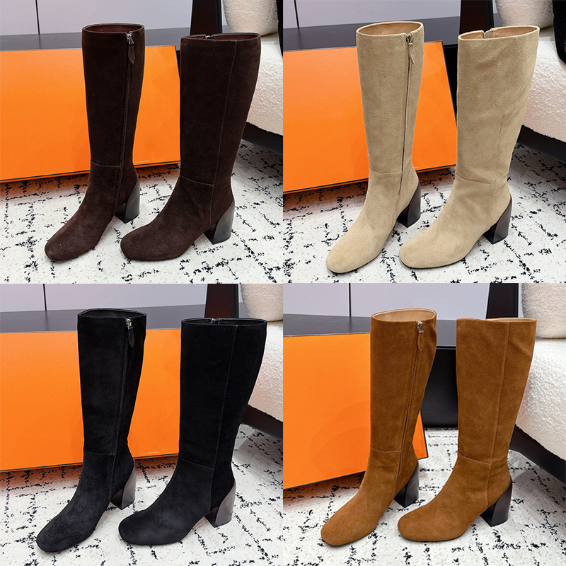 Womens Nueva Boots Designers Suede Calfskin Side Zipper Graphic Heel Knee High Boots Luxury Round Toe Chunky Heel Ladies Knight Boots Genuine Leathe
