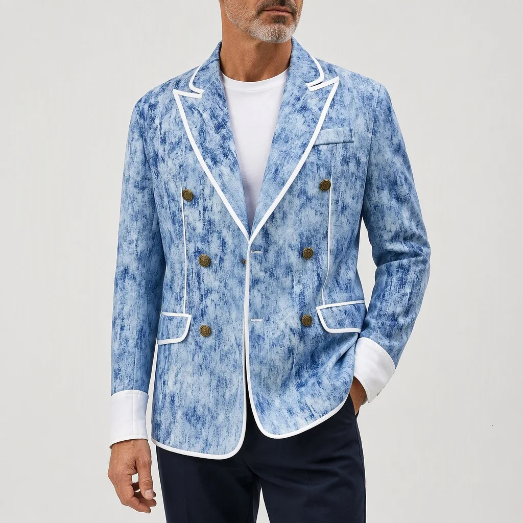 Men's Tie Dye Blazer Double Breasted White Piped Notch Lapel Suit Jacket Casual Wedding Holiday Party Business Dress Outerwear 261014