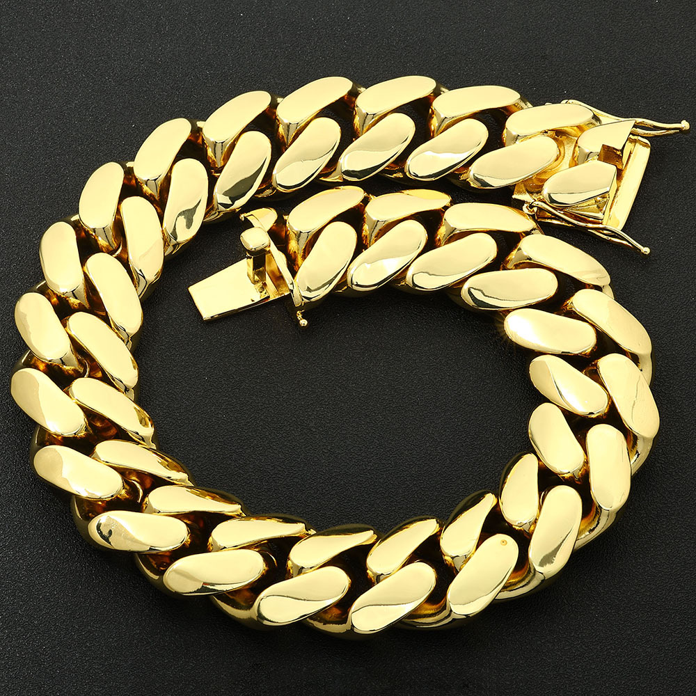 10mm-22mm Hip Hop Smooth Cuban Chain Necklace Bracelets 18K Real Gold Plated Mens Jewelry Set