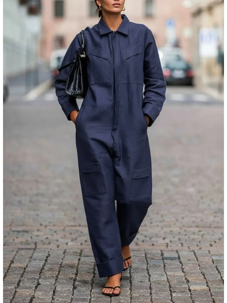Onecozyday Women's Navy Blue Utility Jumpsuit Lapel Collar Long Sleeves Zippered Onepiece Pants 2025 Casual Streetwear Outfits 261015