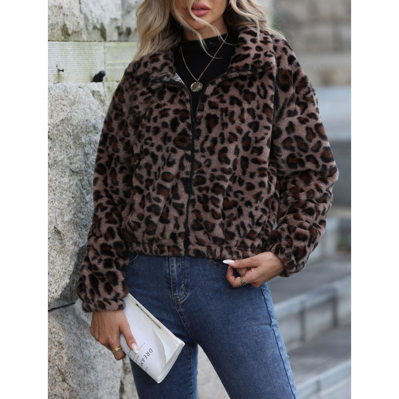 Women Autumn Winter Leopard Print Furry Zip Jacket Loose Long Sleeve Coat European American Trendy Soft Warm Elegant Daily Street Outerwear For Ladi