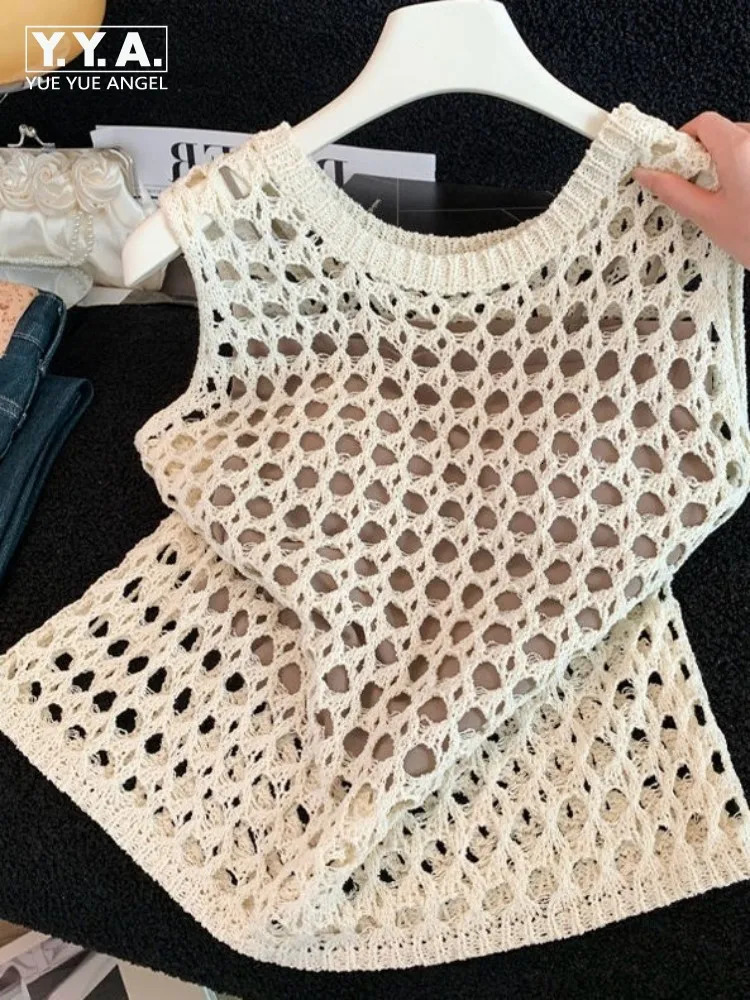 Leisure Female Versatile Sleeveless Solid Color HollowOut Vest Summer Round Neck Tops Ladies Fashion Breathable Tank Top 261016