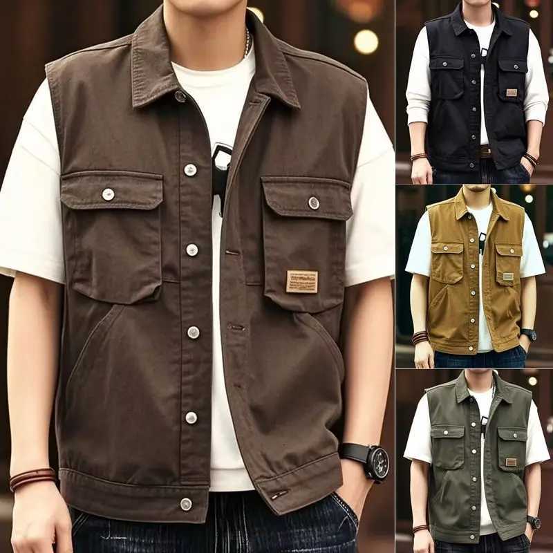 2026 Summer Men's Retro Vests Denim Men's Handsome Trend Versatile Vest Tooling Vest Jacket Streetwear Clothing Cargo Yellow TopW261017