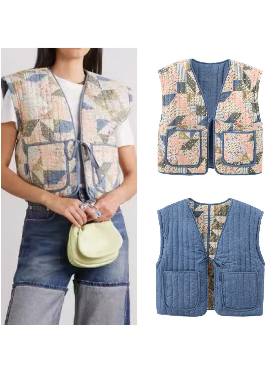 New foreign trade style, European American fashion, simple and versatile women's clothing, reversible V-neck tie-front sleeveless cotton vest j