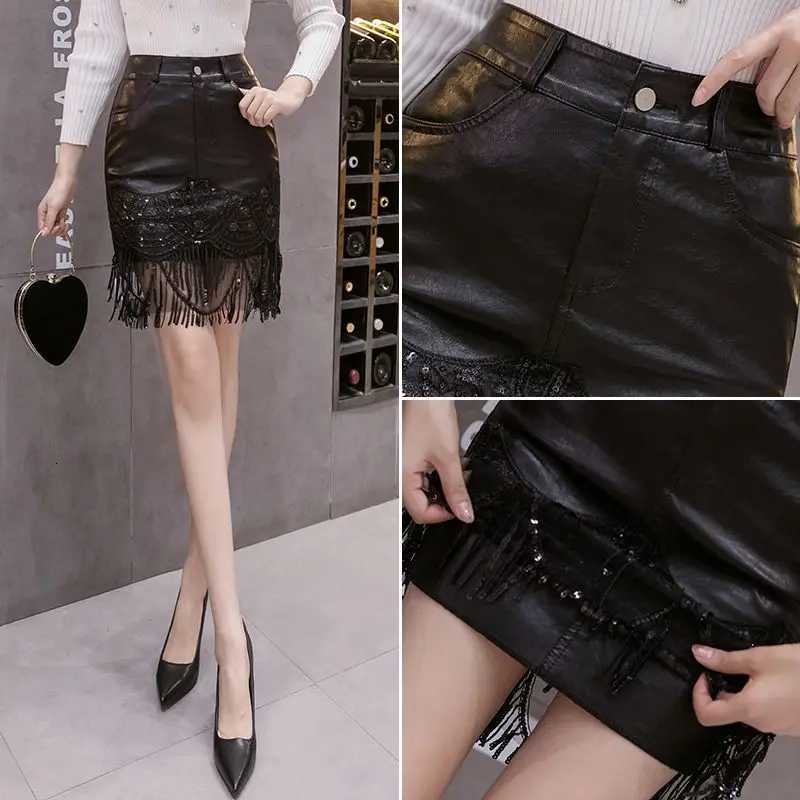 Sequins Tassels Short Skirt Skirts 2026 Spring Autumn Women Package Hip PU Leather Skirt Korean Style Sexy Bling Skirt Female Culottes W261017