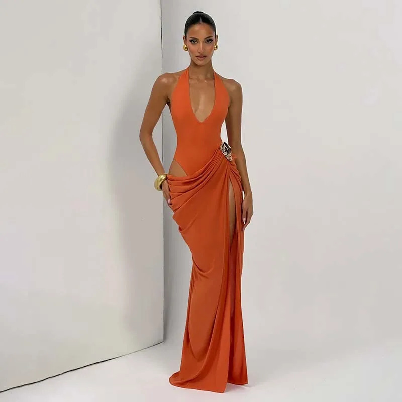 Townlike Patchwork Pleated Maxi Long Dress Women Halter 2026 Summer Dress V Neck Evening Nightclub Sexy Party Dresses 261015