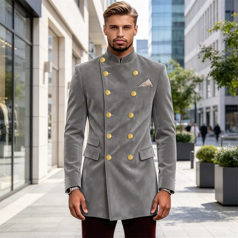 Men's Double Breasted Stand Collar Velvet Blazer Mid Length Slim Jacket For Formal Wedding Groom Dinner Party Prom Daily Coat 261014
