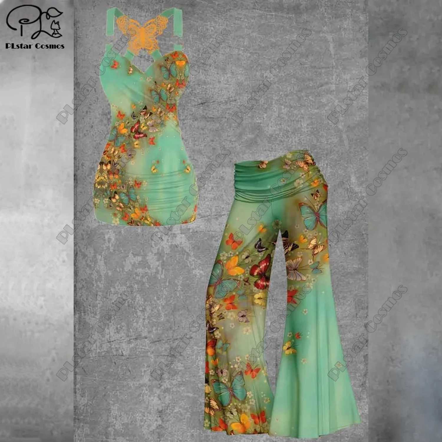 Leggings Women's Pants Capris Women's PLstar Cosmos 2023 new 3D women's literary rainbow butterfly vest + wide-leg pants two-piece se