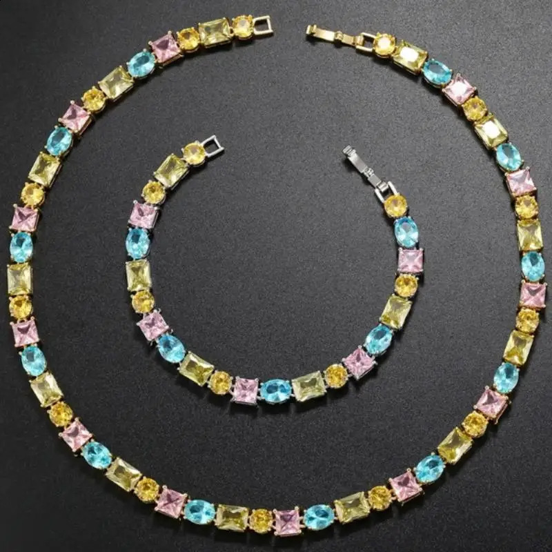 Women's Necklace Candy Color Geometric Zirconia Necklace/Bracelet Gold Plated Brass Vintage Jewelry Christmas Gift VL232261016