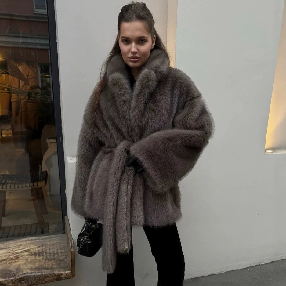 Women Faux Fur Mid Length Coats Jackets Turn Down Collar Coat Thick Warm Y2k Streetwear Jacket Lace Up Tight Waist Autumn Winter 261016
