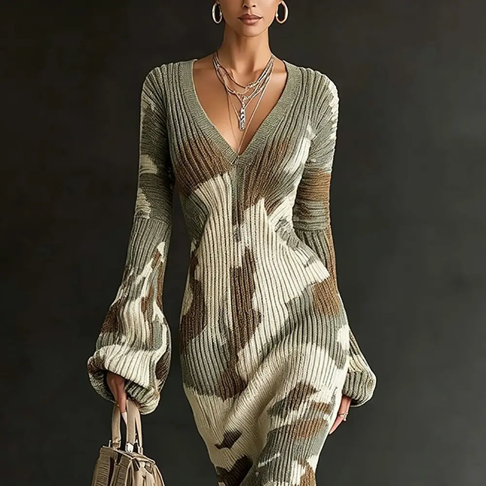 Women's Vintage Camo Print Knitted Maxi Dress Elegant V-Neck High Waist Flare Long Sleeve Slim Fit Tassel Hem Sweater Chic Dress 261014